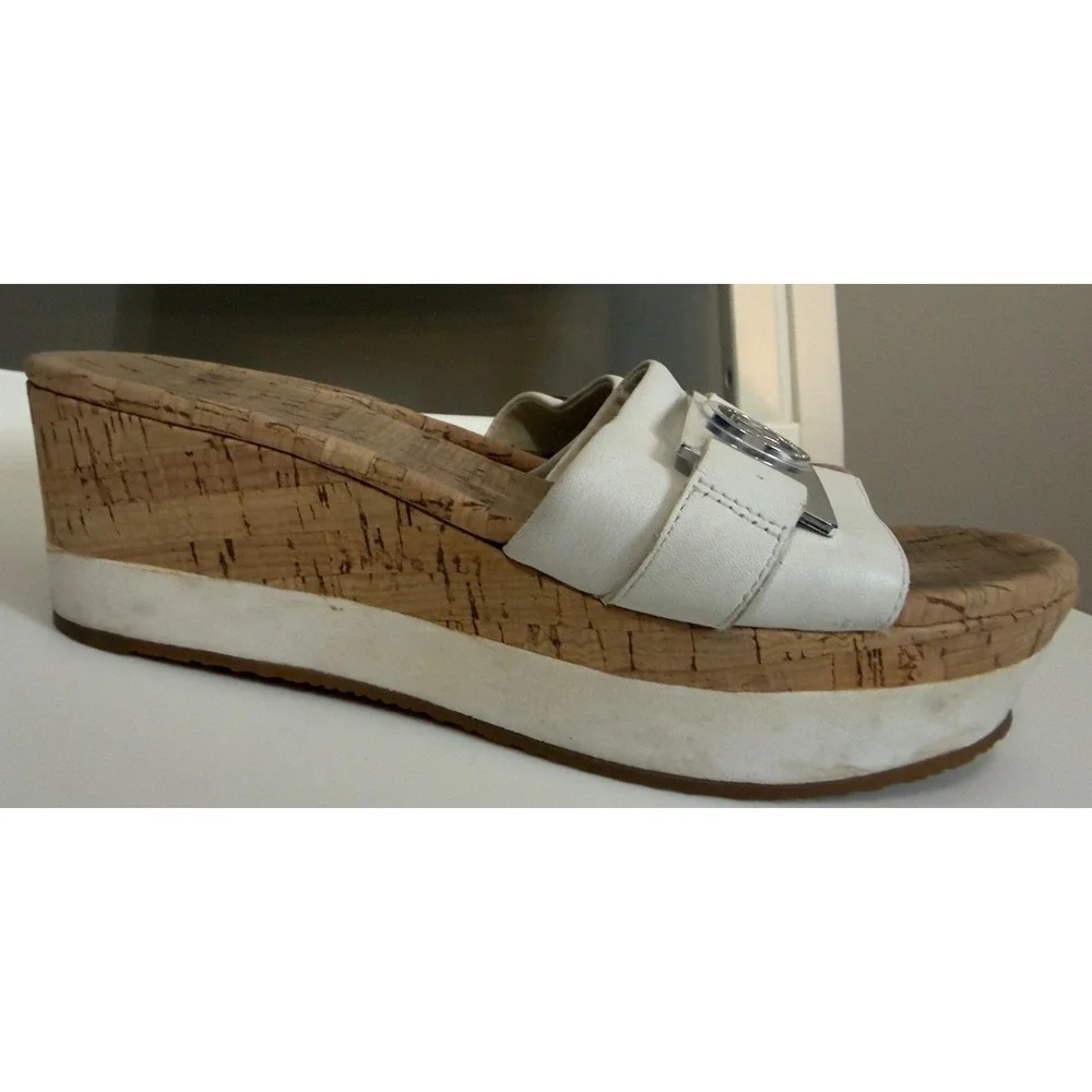 Michael Kors White Leather Cork Wedge Platform Sandals MK Logo Slides size 6